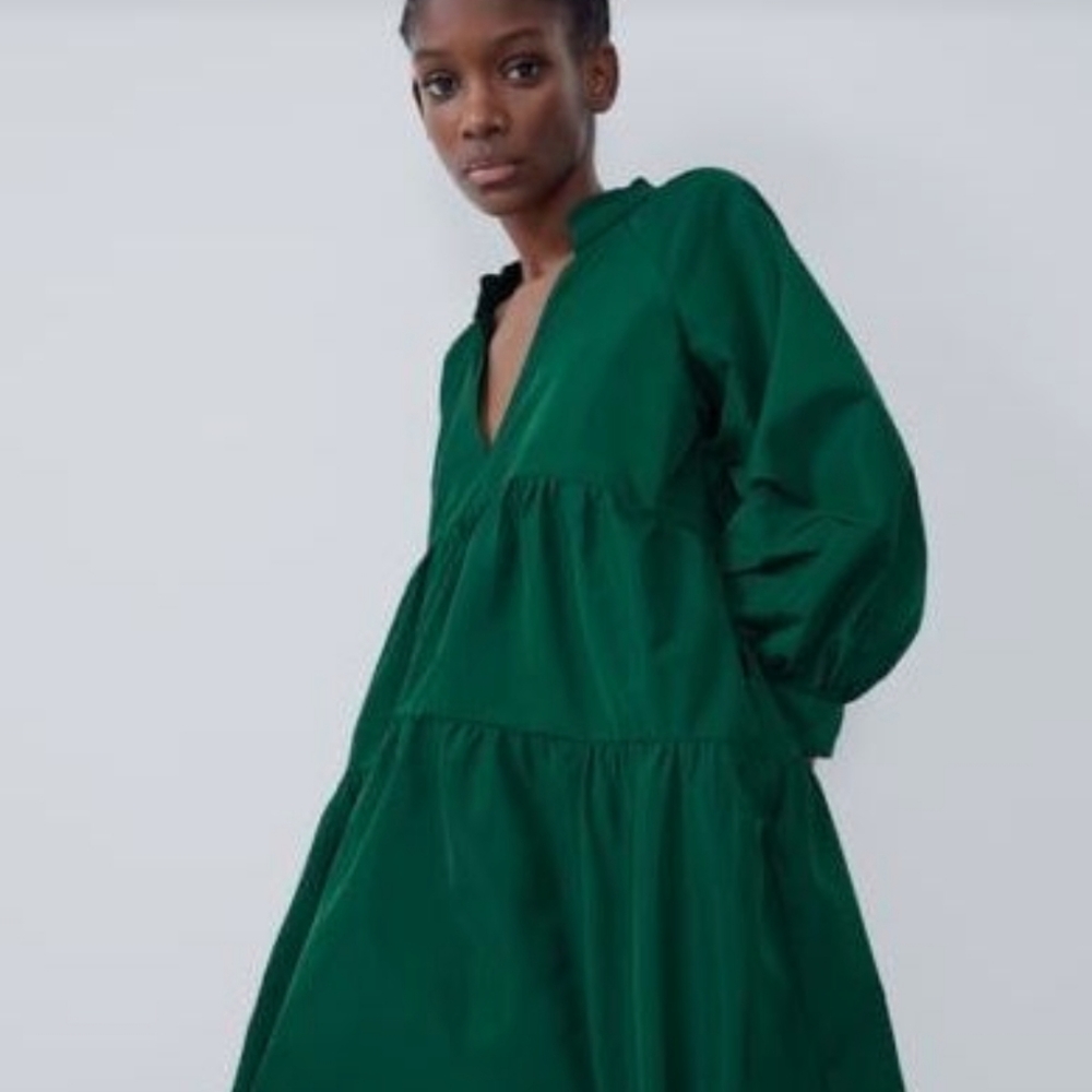 Zara Voluminous Taffeta Green Tiered Min Dress Bloggers Favorite Balloon Sleeve - Picture 16 of 16